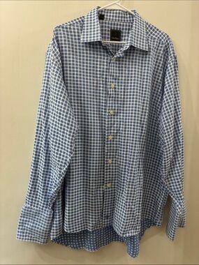 David Donahue Men's Blue Check gingham Dress Shirt - French cuff - size 18